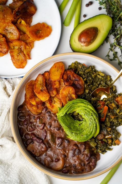 Vegan Jamaican Stew Peas with Callaloo and Plantain Vegan Caribbean Food, Plantain Bowl, Cheesecake Factory Shrimp Scampi, Jamaican Stew, Jamaican Stew Peas, Shrimp Linguini, Shrimp Scampi Linguine, Vegan Jamaican, Copycat Cheesecake Factory