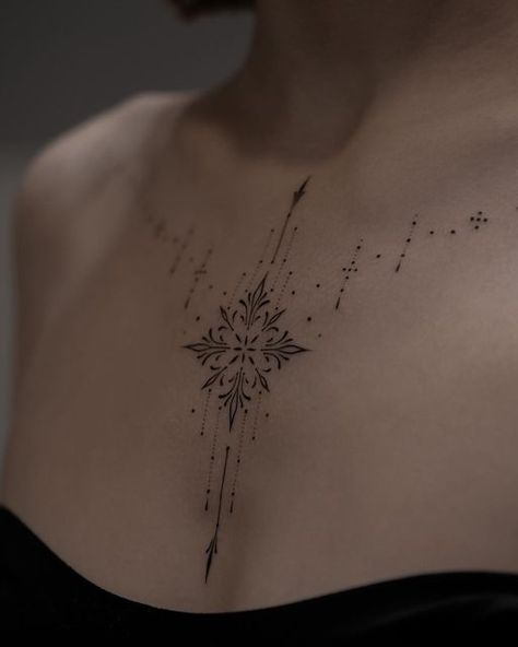 ʟᴏʀᴇᴛᴛᴀ ʙʀᴜᴢɢᴜʟᴇ on Instagram: "line & dots" Lines And Dots Tattoo, Fineline Chest Tattoo, Celestial Chest Tattoo, Dotted Tattoo Design, Full Chest Tattoos For Women, Line And Dot Tattoo, Line Dot Tattoo, Sternum Tattoo Female, Fish Back Tattoo