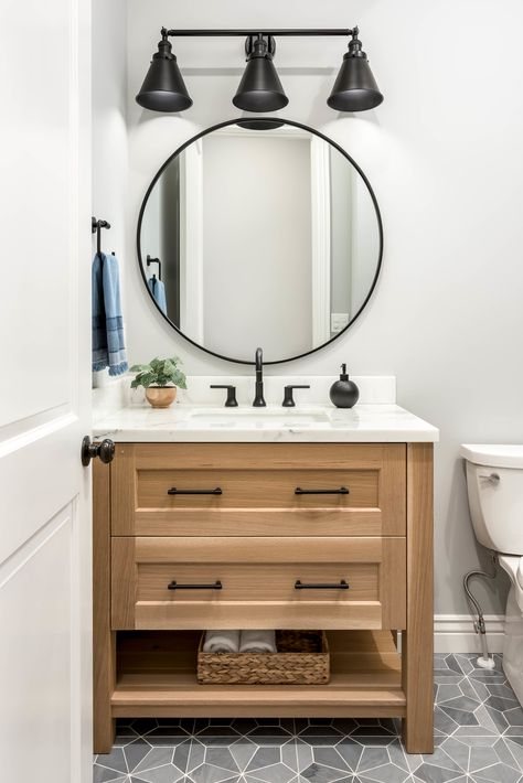 Small Half Bathroom, Small Half Bath, Wooden Bathroom Vanity, Half Bath Remodel, Half Bathroom Remodel, Powder Room Ideas, Shiplap Bathroom, Powder Room Decor, Small Bathroom Vanities