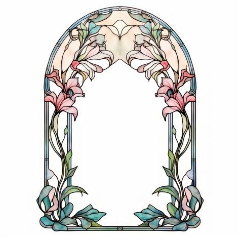 Art Nouveau Frame Illustration, Ornate Frame Illustration, Stained Glass Wedding Arch, Flower Arch Drawing, Art Nouveau Colour Palette, Art Nouveau Movement, Art Nouveau Pattern Border, Stained Glass Art Drawing, Glass Stained Art