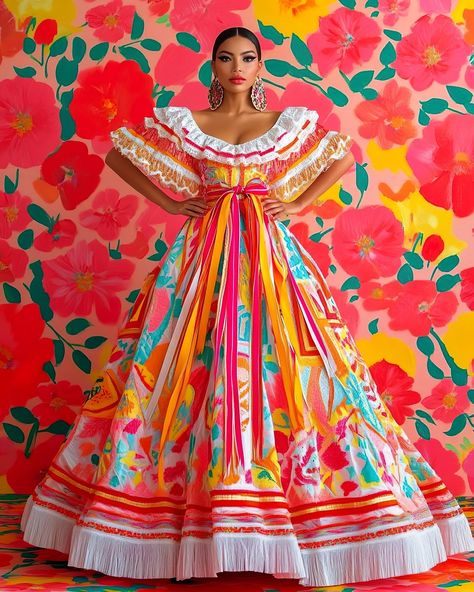 Colorful. Classy. Elegant. #modernmexicanas 🌺💃🇲🇽 Mexican Designers Fashion, Mexican Fashion Traditional, Guatemala Aesthetic, Jalisco Dress, Mexican Clothes, Mexico Sketch, Mexico Dress, Vestido Charro, Florida High School