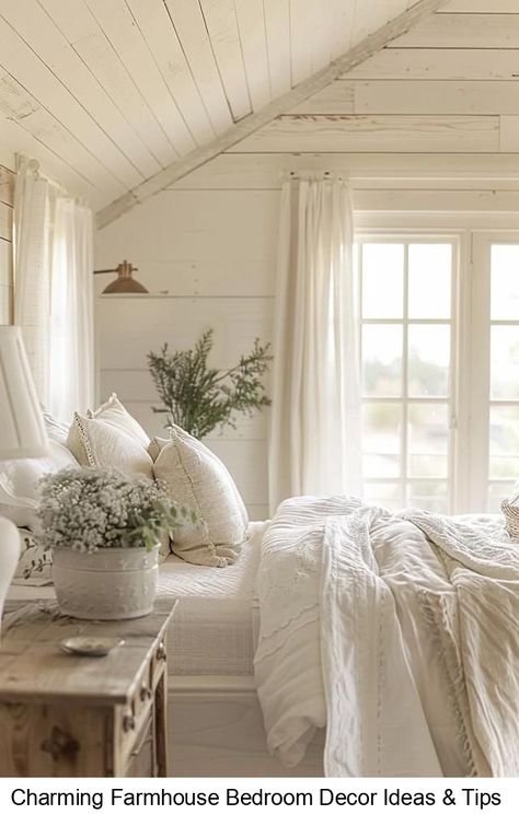 Discover the warmth and charm of farmhouse bedroom decor with my personal guide to creating a space that's both rustic and cozy. Get inspired now! Rustic Aesthetic Bedroom, White Country Bedroom, Bedding Ideas White, Clean White Bedroom, Comfy Cozy Bedroom Ideas, Pool And Pool House Ideas, Cozy Attic Bedroom, Minimal Cottage, Bedrooms Farmhouse