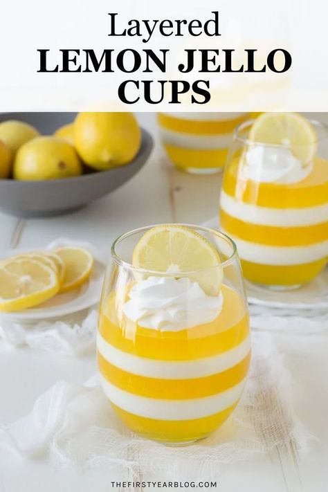 I love the brightness of these lemon jello cups. They remind me of a glass of lemonade, which reminds me of lemonade stands. Isn't it fun how food connects to memories? Creamy Lemon Jello, Gelatin Desserts, Lemonade Stands, Glass Of Lemonade, Jello Cups, Lemon Jello, Gelatin Dessert, Yummy Dessert, Lemonade Stand