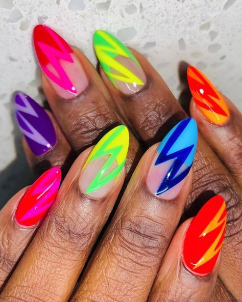 Nail Idea Colorful, Neon Funky Nails, Cool Summer Nails Designs, Funky Neon Nails, Neon Almond Nails Summer, Summer Nail 2024 Colors, Cute Funky Nails Summer, Bright Colorful Nails, Nails Summer Colorful