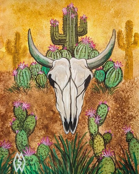 May 10th is National Cactus Day. Here is my painting with a bull skull in some cactus.   I appreciate your feedback and sharing my art with others.   prints/products:  https://www.redbubble.com/shop/ap/157116931 . . . #mattstarrfineart #artistic #paintings #artforsale #artist #myart #dailyart #artlover #artwork #artoftheday #gift #giftideas #tshirts #homedecor  #cactus #cacti #plant #desert #arizonia #bull #skull #skulls #sunset #sunrise #landscape #succulent Western Cactus Painting, Western Acrylic Painting, Cow Skull Painting Ideas, Cow Skull Painting, Western Pop Art, Rodeo Art, Cactus Paintings, Inspo Art, Desert Animals