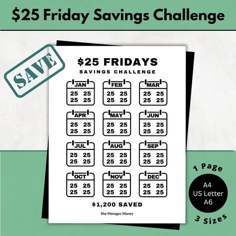 2024 Friday Savings Challenge Printable | Save 25 Dollars Weekly Each Friday | Save 1200 Dollars over 52 Weeks | New Year Savings Tracker Savings Challenge Printable, 50 Dollars, Spar Challenge, Money Savings, Weekly Saving, 52 Weeks, Budget Saving, Money Saving Challenge, Budget Binder