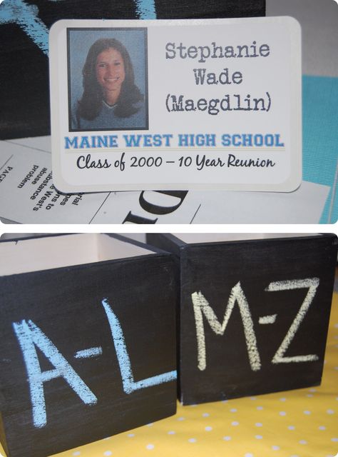 High school reunion nametags were designed to look similar to their old ID badges. The nametags were organized in wooden boxes painted with chalkboard paint. Name Tags Ideas, High School Reunion Planning, Reunion Name Tags, Name Tag Ideas, School Reunion Decorations, Class Reunion Planning, 50th Class Reunion Ideas, Time Management College Student, 10 Year Reunion