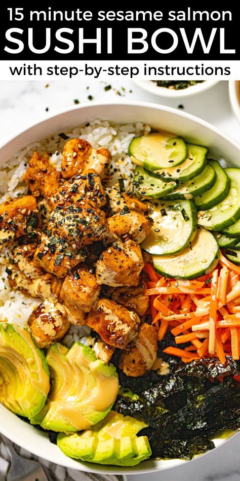 You can have this sesame salmon sushi bowl prepped and ready in just 15 minutes for the perfect quick and easy lunch! It's filled with sesame soy sautéed salmon, tangy pickled veggies, fresh avocado, and roasted seaweed sheets combining all of the delicious sushi flavors you love into a filling bowl. Pickled Veggies Recipe, Snack Recipe Ideas, Salmon Sushi Bowl, Sesame Salmon, Seaweed Snack, Sushi Bowl Recipe, Roasted Seaweed, Sushi Bowls, Sushi Ingredients