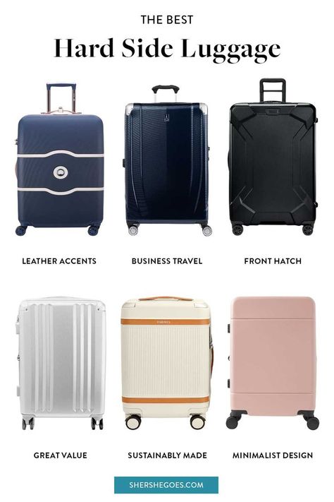 looking for durable hardside luggage that you can bring both carry on and check into the airport without any damage, knicks or scrapes? check out these stylish hard suitcases that are rugged and lightweight. delsey hard luggage review, calpak luggage review, briggs & riley luggage review, samsonite luggage review, paravel luggage review, tumi luggage review, hard suitcase, hard luggage, hard side suitcases Paravel Luggage, Delsey Luggage Chatelet, Luxury Luggage Sets, Best Luggage Brands, Calpak Luggage, Delsey Luggage, Goals 2023, Organized Travel, Hard Sided Luggage