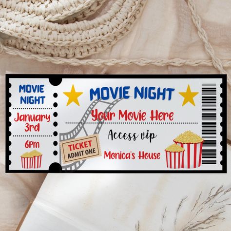 Movie Night Ticket Flat Card Diy Movie Tickets, Movie Night Tickets, Movie Ticket Invitations, Cinema Party, Movie Night Invitations, Movie Invitation, Birthday Surprises For Him, Movie Night Theme, Night Theme