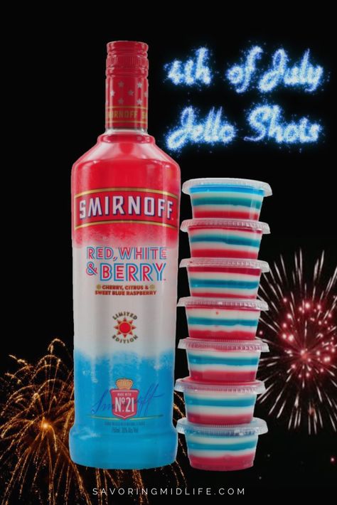 A fruity, patriotic red, white and blue layered jello shot that will light you up like the Fourth of July! 4th Jello Shots, July 4th Jello Shots, Blue Jello Shots, Smirnoff Red, Best Jello Shots, Fourth Of July Drinks, Layered Jello, Blue Jello, Pudding Shots