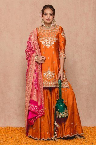 Buy Shian Yellow Georgette Mirror Embroidered Sharara Set Online | Aza Fashions Banarsi Silk Suit Designs Indian, Banarsi Suit Design Indian Style, Orange Sharara, Sharara Suit Designs, Lehenga Ideas, Stitching Styles, Kurta Lehenga, Bandhani Dupatta, Sharara Designs