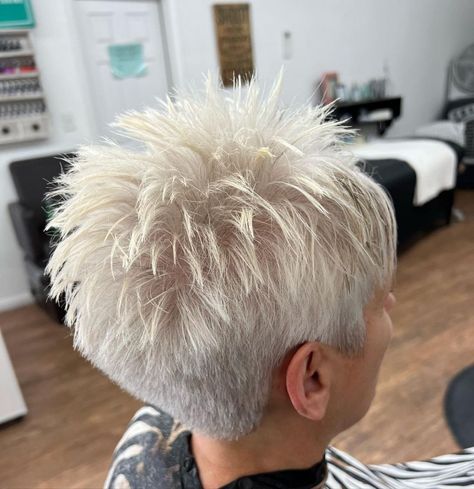 Pixie Haircut Spiked, Short Hair Styles From The Back, Short Spiky Pixie Haircuts Over 50, Spiky Pixie Haircut Spikes With Bangs, Messy Spikey Short Hair, Funky Pixie Hairstyles, Messy Short Hair Pixie, Funky Pixie Cut 2024, Short Hair Back View Neckline