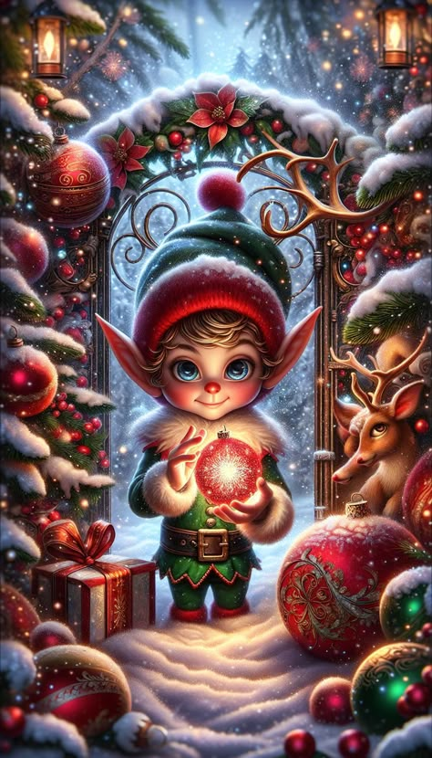 A cheerful child-like elf holds a glowing ornament amidst festive decorations, snow, and a deer in a winter wonderland. Christmas Fantasy Art, Fantasy Christmas, Christmas Elves, An Elf, A Deer, Christmas Scenes, Christmas 2019, Father Christmas, Fantasy Artwork