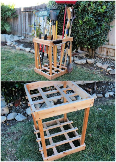 17 Easy DIY Garden Tool Storage Ideas Diy Garden Tools Storage, Pallet Garden Tool Storage, Allotment Storage Ideas, Garden Tool Organization Diy, Free Standing Garden Tool Storage, Garden Pot Storage Ideas, Garden Tools Storage Ideas, Diy Garden Tool Holder, Diy Outdoor Tool Storage