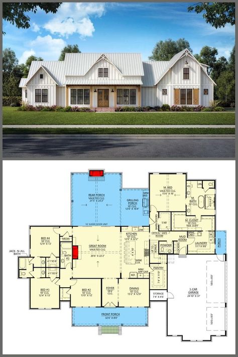 House Plans With Safe Room, Bonus Room Floor Plan, French Front Doors, Room Floor Plan, Modern Farmhouse Living, 4 Bedroom House Plans, Safe Room, Modern Farmhouse Plans, 4 Bedroom House