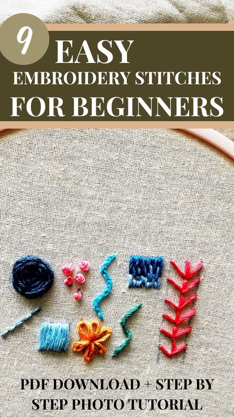 Download and practice these 9 hand embroidery stitches with this free hand embroidery pattern and step-by-step tutorial suited for beginners. Embroidery Stitch How To, Embroidery Guide For Beginners, Step By Step Embroidery Stitches, Decorative Hand Stitches, Printable Embroidery Stitch Guide, Embroidery Practice Patterns, Diy Embroidery Patterns Templates, Beginning Embroidery Tutorials, Beginning Embroidery Stitches