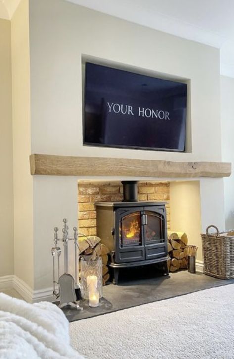 Large Cosy Living Room, Log Burner Small Living Room, Open Fire Places Ideas Living Room, Stove Fireplace Ideas With Tv Above, Wood Burning Fireplace Tv Wall, Log Stove Fireplace, Logburners Fire Places Modern, Electric Log Burner Living Room, Walnut And Taupe Kitchen