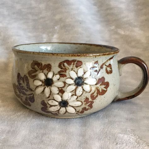 Brown Earthenware Floral Handcrafted Artisan Made Coffee Mug Or Soup Bowl Nwot Measures 4.5” Across X 2.75” Deep. Dishwasher And Microwave Safe. Sturdy Constructed. No Longer Have Artisan Info, So Untagged. One Has A Glazing Imperfection On Underside Inner Rim, So Please See Photos. Each Has Subtle Individual Differences From Glazing Process And Are Not Exactly Identical. Beautiful Rustic Drink Or Foodware. Pottery Mugs Coffee, Pretty Mugs Pottery, Cottage Core Ceramic Mug, Patterned Ceramic Mugs, Vintage Mug Floral, Fall Ceramic Mug, Pottery Soup Mugs, Glaze Inspo Pottery, Handthrown Mug