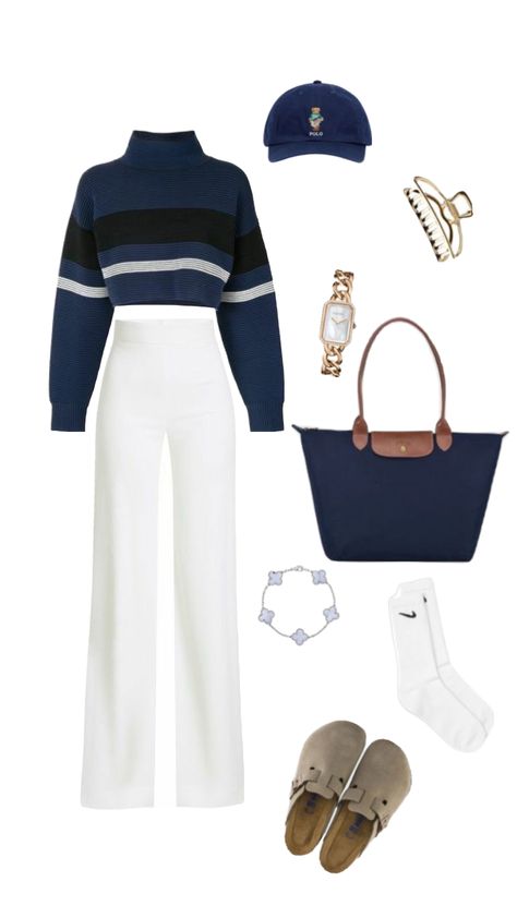 Blue And White Striped Sweater, Comfortable Casual Outfits, Navy Blue Outfit, Blue Baseball Cap, Baseball Cap Outfit, White Striped Sweater, Runway Fashion Couture, Beige Outfit, Blue Tote Bag