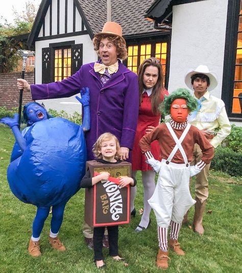 Willy Wonka And Oompa Loompa Halloween Costumes, Violet Blueberry Costume, Charlie And The Chocolate Factory Group Costume, Charlie And The Chocolate Factory Family Costume, Wonka Family Costumes, Willy Wonka Costume Family, Charlie And The Chocolate Factory Characters, Diy Wonka Costume, Charlie Chocolate Factory Halloween Costume