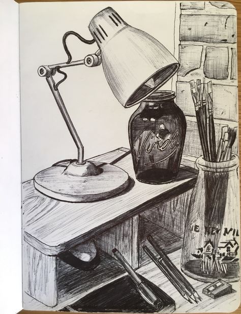 Easy Art Portfolio Ideas, Study Table Sketch, Biro Drawing Simple, Desk Drawing Sketch, Desk Lamp Drawing, Table Lamp Drawing, Pov Drawing, Biro Sketches, Desk Drawing