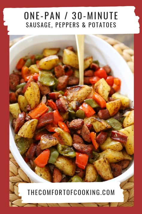 Sausage Peppers Onions And Potatoes Crockpot, Sausage Peppers Onions And Potatoes Oven, Sausage Pepper Onions And Potatoes, Sausage Potatoes And Peppers, Pan Roasted Potatoes, Peppers And Potatoes, Sausage And Peppers Recipe, Roasted Sausage, Sausage And Potato Bake