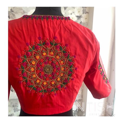 Intish by Chintya ™️ on Instagram: “Stun in this classic motif on a red blouse back . Hand embroidered with intricate bead work and beautiful colour combinations. DM FOR MORE…” Red Mandala, Blouse Back, Sari Blouse Designs, Red Embroidery, Red Blouse, Blouse Neck Designs, Beautiful Color Combinations, Embroidery Blouse, Colour Combinations