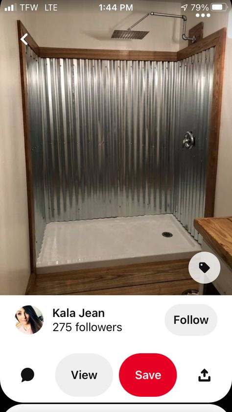 Cheap Shower Ideas Bathroom Diy Budget, Small Western Bathroom Remodel, Diy Shower Stall Cheap, Rustic Industrial Decor Bathroom, Corrugated Steel Wall, Galvanized Shower Ideas, Sheet Metal Shower Walls, Cheap Shower Ideas, Goose Bathroom