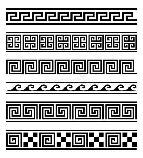 Illustration about Vector collection of 6 greek style geometric frames on white background. Vector elements for your design. Illustration of geometry, greece, geometrical - 59970415 Roman Pattern Design, Roman Pattern, Greek Ornament, Band Tattoo Designs, Greek Pattern, Ancient Greek Art, Greek Design, Vector Elements, Greek Tattoos