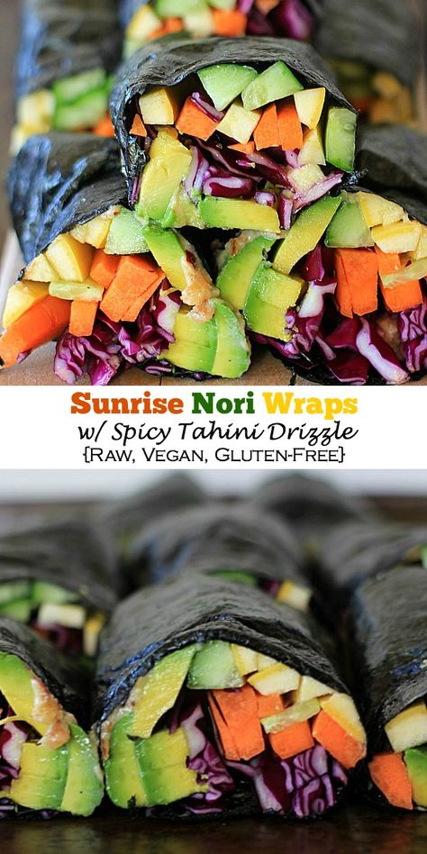 Eat the rainbow! Sunrise Nori Wraps with Spicy Tahini Drizzle. So easy to make, super healthy and delicious! Recipe is vegan and gluten-free. Keto Nori Wrap, Nori Wraps Recipes, Tahini Drizzle, Nori Wraps, Hiking Lunch, Nori Wrap, Wraps Easy, Lunch Sack, Vegan Wraps