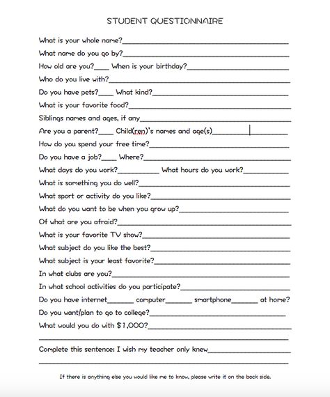 Student questionnaire appropriate for my urban high school kids. High School Getting To Know You Sheet, Student Survey High School, Student Interest Survey High School, Self Assessment For Students High School, Student Questionnaire High School, Student Information Sheet High School, About Me High School, School Questionnaire, High School First Day