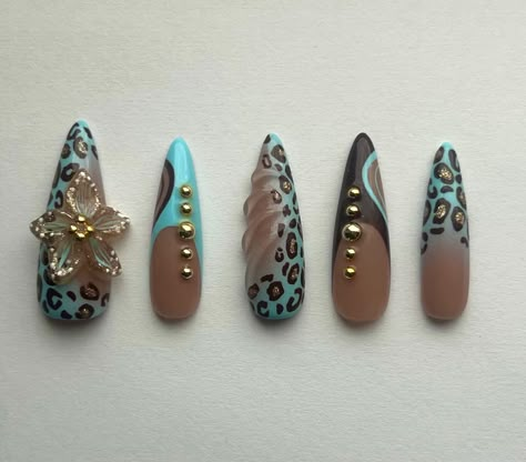 🩵🐆🌺 - using @apresnailofficial tips! - - - #gel #pressonnails #sanantonionails #gelxnails #nailart #custompressonnails #summernails Crazy Fall Nails, Retro Nails, Asian Nails, Hippie Nails, Nails Now, Colored Acrylic Nails, Minimal Nails, Classy Acrylic Nails, Luxury Nails