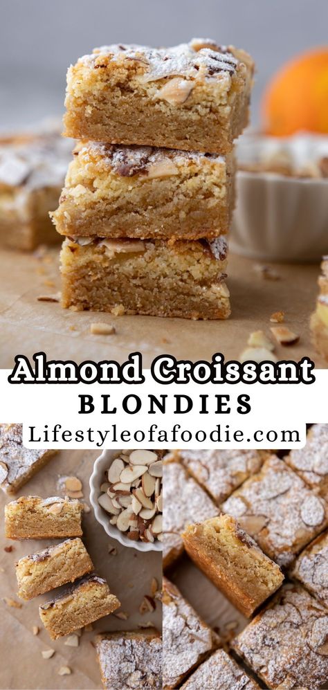 This almond croissant blondies recipe is what all almond croissant lovers dream of. It combines the buttery, chewy blondie bar experience with the almond croissant flavors thanks to the almond frangipane and sliced almond toppings. Almond Croissant Blondies Recipe, Almond Coconut Bars, Almond Filling Desserts, Almond Croissant Cookie Bars, Almond Bar Recipes, Sliced Almonds Recipes Healthy, Almond Desserts Easy, Almond Blondies Recipe, Soft Dessert Recipes