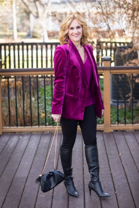 Making a statement in magenta velvet and lace. Velvet Blazer Outfit, Types Of Blazers, Magenta Velvet, Blazer Outfit, Brown Blonde Hair, Lace Camisole, Velvet Blazer, Breasted Blazer, Blazer Outfits