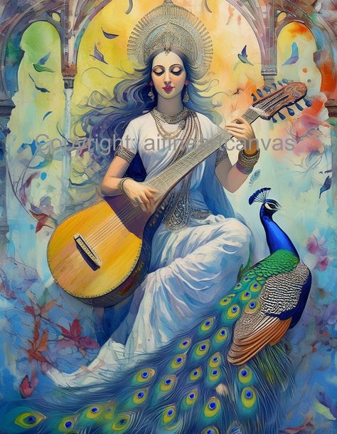 Beautiful modern impressionist digital artwork of Hindu Goddess Saraswati. Easy download. Sarswati Goddesses Painting, Saraswati Goddess Paintings, Hindu Goddess Saraswati, Saraswati Painting, Saraswati Photo, Goddess Saraswati, Colour Drawing, Saraswati Goddess, Hindu Goddess