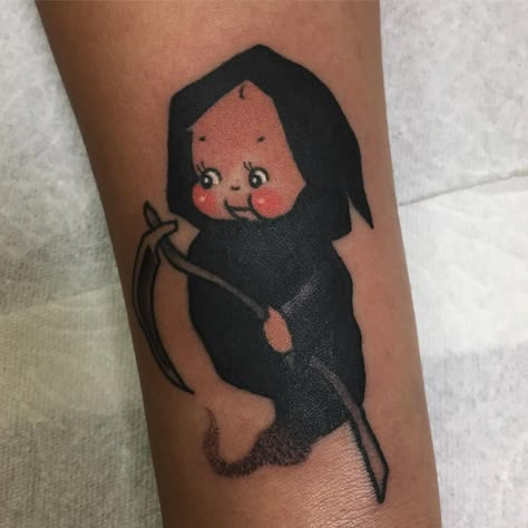 Grim Reaper Kewpie tattoo Kewpie Tattoo, Grim Reaper Tattoo, Reaper Tattoo, Bat Tattoo, Spooky Tattoos, Kewpie Dolls, Pretty Notes, Dope Makeup, Now Booking