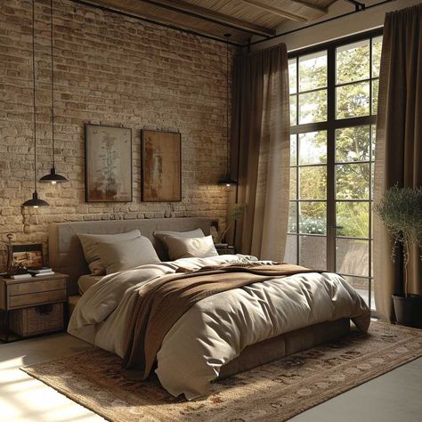 Blending Styles with Industrial Scandinavian Interior Design • 333+ Art Images Industrial Scandinavian Interior, Contemporary Glam Bedroom, Edgy Bedroom, Glam Bedroom Ideas, Brick Wall Bedroom, Brick Bedroom, Industrial Style Bedroom, Industrial Style Interior, Minimalist Bedroom Decor