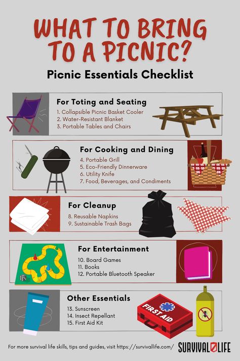 Deciding on what to bring to a picnic could be a major hassle. When pressed for time, option paralysis creeps in and the picnic becomes panic. Keep calm and get organized with these practical excursion must-haves. #picnic #picnicmusthaves #outdoorsurvivaltips #outdoorsurvival #survivallife Things To Pack For A Picnic, What To Put In A Picnic Basket, How To Plan A Picnic, What To Do On A Picnic, Picnic Game Ideas For Friends, What To Bring To A Picnic, Picnic Essentials List, Church Picnic Ideas, Picnic Hacks