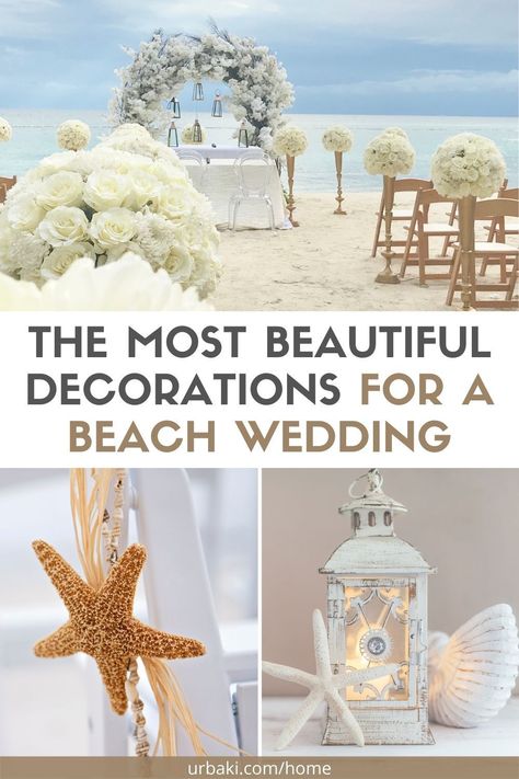 Beach wedding plans should include decorations that fit the overall style and colors of the bridal celebration. When shopping for beach decorations, choose those that complement the natural beauty and romance of a beach wedding ceremony.The abundance of beach decorations is perfect for a themed wedding, whether at sea or if you are creating an atmosphere away from the waves. Elegant Beach Reception Decor, Wedding Aisle Decorations Outdoor Beach, Ocean Wedding Decorations, Simple Beach Wedding Decorations, Wedding Centerpieces Beach Theme, Minimalist Beach Wedding Decor, Beach Wedding Flower Arrangements, Beach Winter Wedding, Beach Villa Wedding