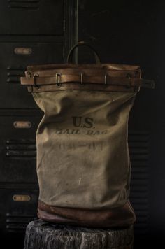 Vintage U.S. Mail Bag | Not sure what the age is of this mail bag, but I think it would match best with the Wild West theme... Vintage Mail, Mail Bag, Waxed Canvas Backpack, Calamity Jane, Upcycled Bag, You've Got Mail, Leather Projects, Waxed Canvas, Bag Vintage