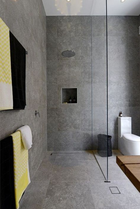 The Block Bathroom, Grey Bathroom Floor, Dekorere Bad, Gray And White Bathroom, Grey Bathroom Tiles, Interior Design Minimalist, White Bathroom Designs, Shower Toilet, Bad Inspiration