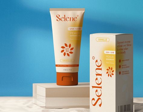 Brand identity, Packagings • Selene, sunscreen brand Sunscreen Packaging Ideas, Sunscreen Package Design, Cosmetic Product Packaging, Sunscreen Label Design, Suncream Packaging, Sunblock Packaging, Cosmetics Design Ideas, Sunscreen Branding, Sunscreen Packaging Design