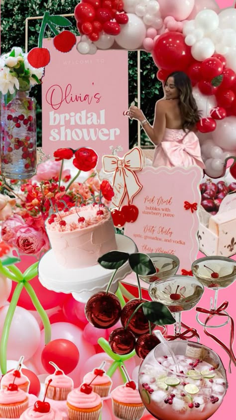 Bridal Shower | Bachelorette Party | Party Theme | Red Pink | Bows | Cherries | Cherry On Too | Party Idea | Theme Pink Bridal Shower Theme, Red Party Themes, Engagement Party Themes, Red Birthday Party, Pink Bachelorette Party, Pink Bachelorette, Bridal Shower Inspo, Cherry Baby, Bday Party Theme