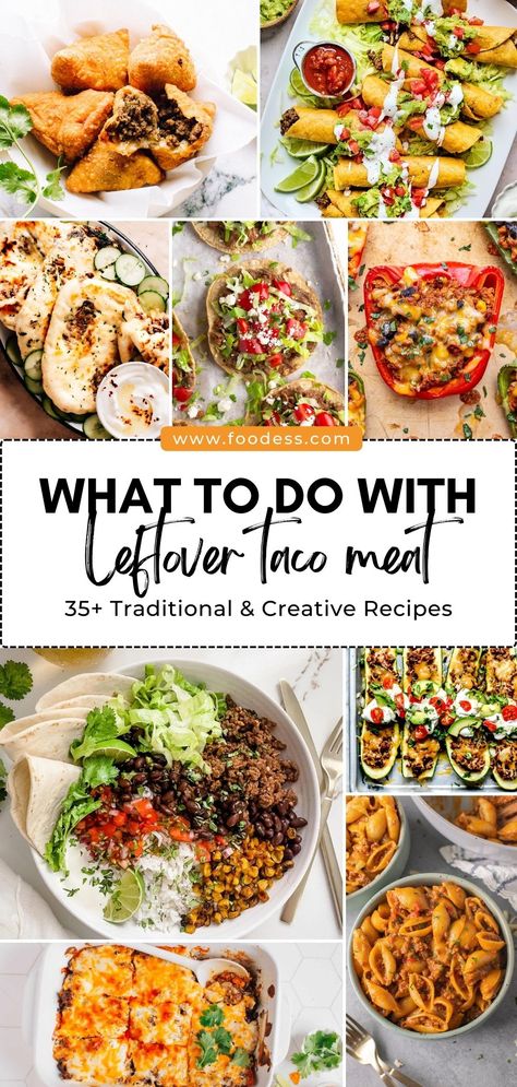 Got some taco meat left over from last night's dinner? Don't let it go to waste! Check out these 35+ amazing recipes that will help you transform your leftovers into scrumptious meals. Whether you're in the mood for breakfast, lunch, or dinner, these recipes will make sure your leftover taco meat is put to good use. From classic Mexican dishes to fusion recipes, party recipes to comfort foods, you'll find leftover taco meat recipes for every occasion. Taco Meat Recipes Leftover, Leftover Taco Meat Recipes, Taco Stuffed Zucchini, Leftover Taco Meat, Taco Meat Recipes, Fusion Recipes, Leftover Beef, Leftover Pork, Chicken Taco Recipes