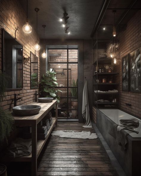 From Modern to Diverse Design Styles Dark Industrial Bathroom, Dark Academia Bathroom, Academia Interior, Warehouse Living, Dark Acadamia, Industrial Style Bathroom, Dark Bathrooms, Industrial Home Design, Dark Home Decor