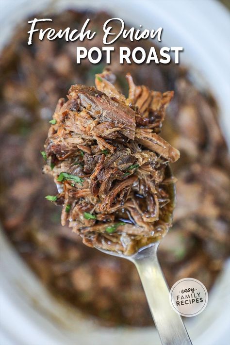 This French Onion Pot Roast is the most cozy, comforting, EASY dinner idea for a busy night. The slow cooker pot roast can be prepped in just 10 minutes and cooks hands off all day to tender perfection. This chuck roast recipe combines fresh onions with onion soup mix for a lusciously flavorful roast with both onion flavor infused in the roast with caramelized onions surrounding it. This kid friendly dinner is a huge hit when you want an easy to make recipe thats still filling and delicious. French Onion Roast Crock Pot, French Onion Roast, Chuck Roast Crock Pot Recipes Lipton Onion Soup Recipe, French Onion Pot Roast Crockpot, Chuck Roast Lipton Onion Soup Crock Pot, French Onion Pot Roast, Pot Roast Recipe, 2lb Chuck Roast Crock Pot, French Onion Chuck Roast Instant Pot