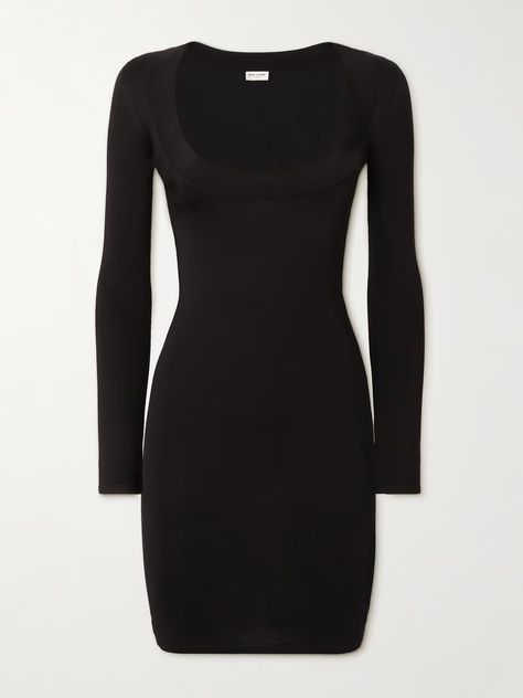 Black Jersey mini dress | SAINT LAURENT | NET-A-PORTER Net A Porter Suit, Birthday Guest Outfit Casual, Snake Inspired Fashion, Black Dinner Dress, Yves Saint Laurent Dress, Cotillion Dresses, Saint Laurent Dress, Minimal Dress, Designer Hair Accessories