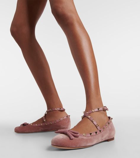 Rockstud velvet ballet flats in pink - Valentino Garavani | Mytheresa Burgundy Ballet Flats, Velvet Ballet Flats, Pink Valentino, Velvet Flats, Valentino Garavani Shoes, Ballet Pink, Valentino Rockstud, Valentino Shoes, Black Ballet Flats