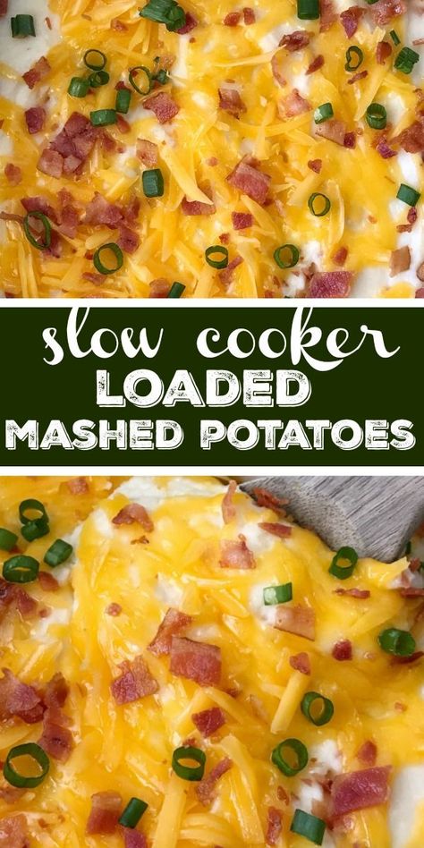 Slow Cooker Loaded Mashed Potatoes | Crock Pot Mashed Potatoes | Loaded mashed potatoes made right in your slow cooker! Creamy, smooth mashed potatoes loaded with cheese, bacon, and green onions. Easy enough for a weeknight side dish at dinner or for a Holiday dinner like Thanksgiving. Free up oven space and use your slow cooker for the mashed potatoes. #sidedish #thanksgivingrecipe #mashedpotatoes #recipeoftheday #potatorecipe #easyrecipe #dinner Slow Cooker Mashed Potato Casserole, Crock Pot Twice Baked Potatoes, Twice Baked Potatoes Crockpot Crock Pot, Baked Potato Casserole Crockpot, Loaded Mashed Potatoes Crockpot, Crock Pot Loaded Potatoes, Crockpot Loaded Potatoes, Crockpot Potato Recipes Side Dishes, Crockpot Mashed Potatoes Recipes